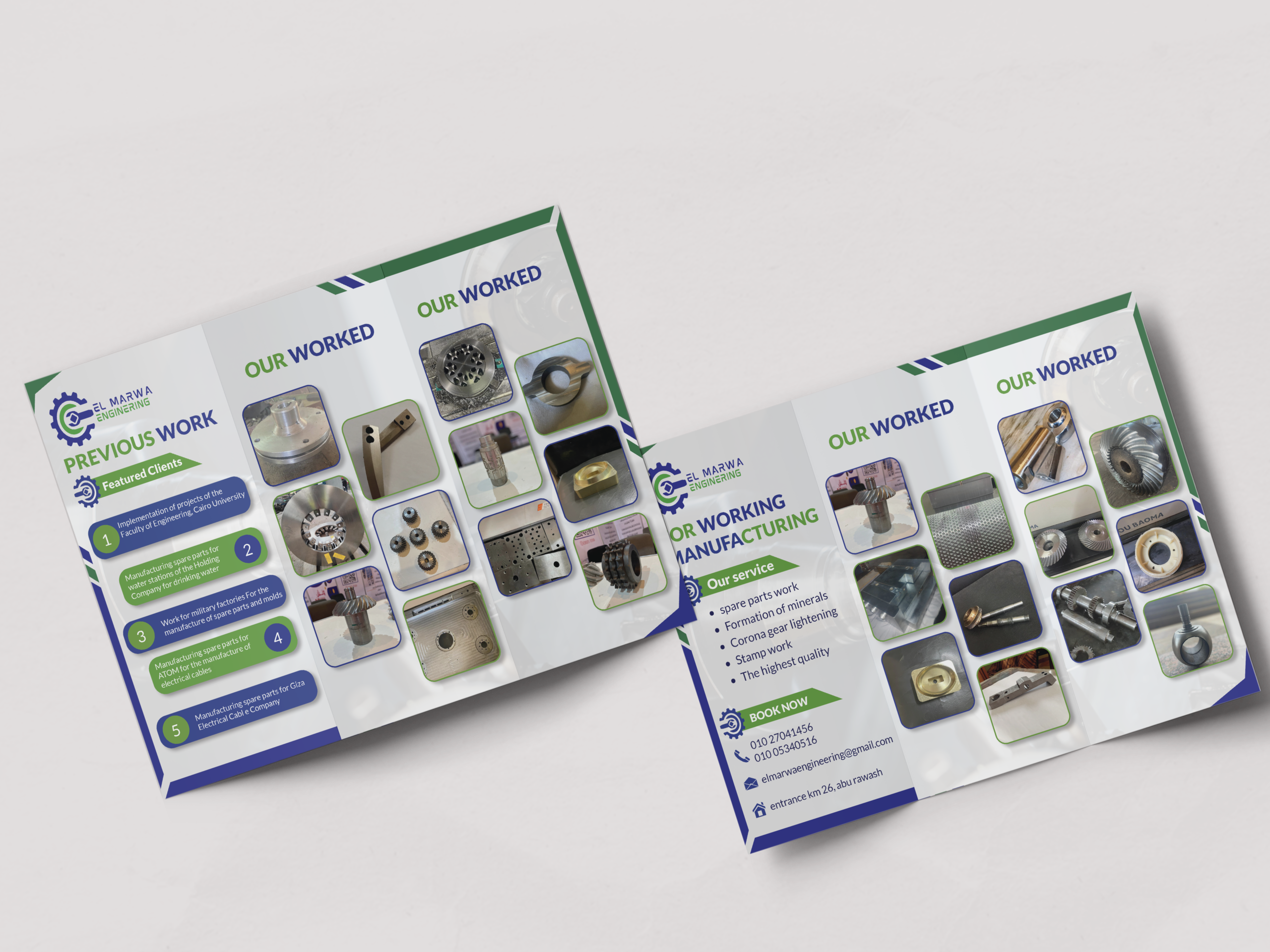 A complete brand identity designed for El Marwa Engineering, reflecting precision, industrial strength, and technical expertise. The visual system combines bold colors, mechanical elements, and structured layouts to communicate reliability and professionalism.